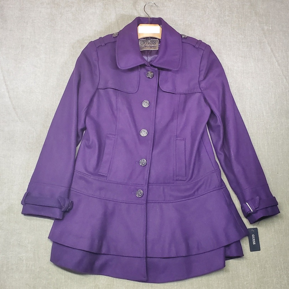 GUESS Womens Purple Tiered Peplum Ruffle Wool Blend Coat 220MW446 Large NWT